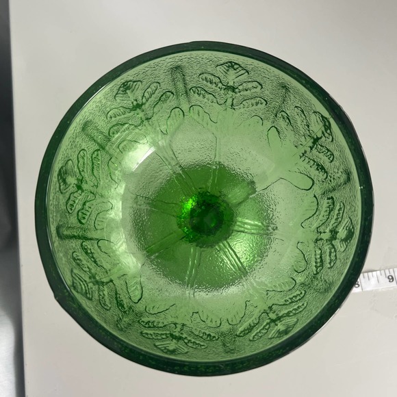 Vintage FTD 1978 Green Depression Glass Footed Pedestal Bowl Oak Leaf Pattern - Picture 3 of 6
